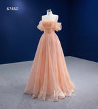 A-line Peach Tulle Prom Dresses Off the Shoulder Long Formal Dress 67450-prom dresses-Viniodress-Viniodress