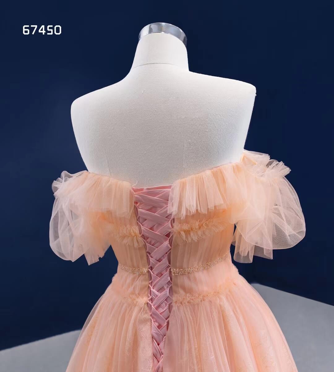 A-line Peach Tulle Prom Dresses Off the Shoulder Long Formal Dress 67450-prom dresses-Viniodress-Viniodress