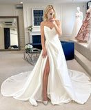 A-line Satin Wedding Dresses with Slit Strapless Wedding Gown VW2130-wedding dresses-Viniodress-Viniodress