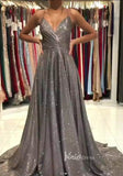 A-line Sparkly Grey Prom Dresses Spaghetti Strap V-neck FD1780C-prom dresses-Viniodress-Viniodress