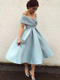 A Line Tea Length Prom Dresses Dusty Blue Wedding Guest Dress SD1205