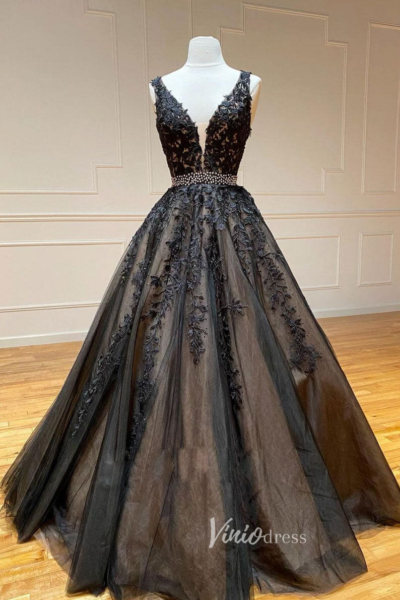 A-line V-neck Black Lace Prom Dresses Backless FD1265V-prom dresses-Viniodress-Black-Custom Size-Viniodress