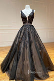 A-line V-neck Black Lace Prom Dresses Backless FD1265V