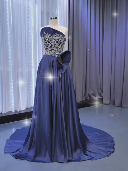 <transcy>Vestidos de fiesta de satén azul de alta costura con abertura</transcy>