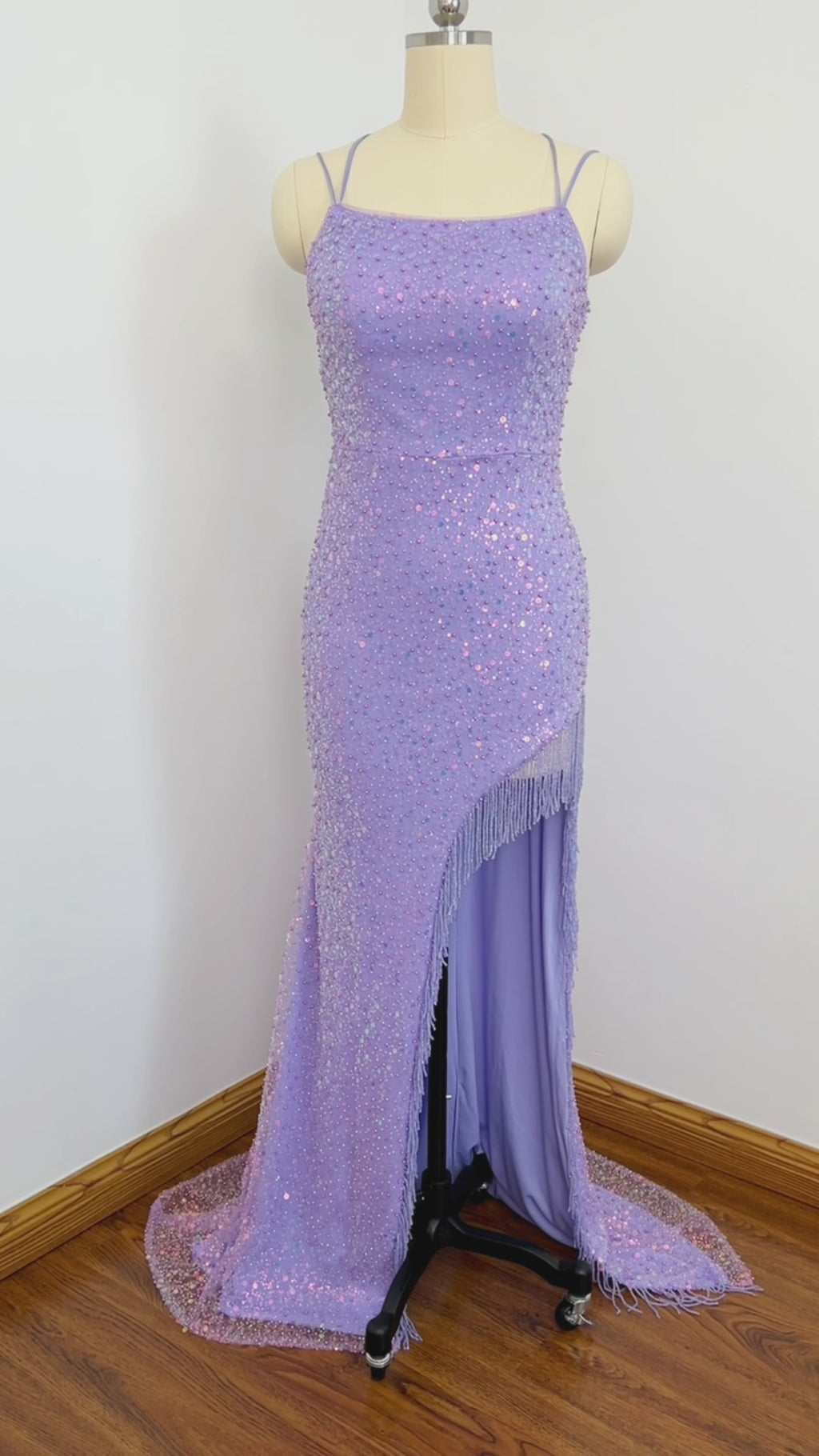 Beaded Galaxy Purple Glitter Double-slit Long Prom Dress - Lunss