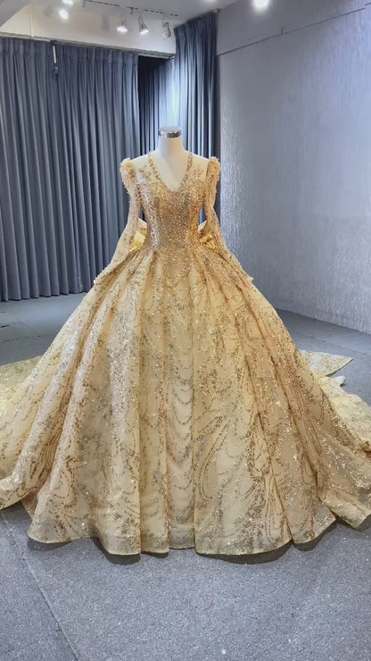 Long Sleeve Gold Ball Gown Wedding Dresses with Bow 222231