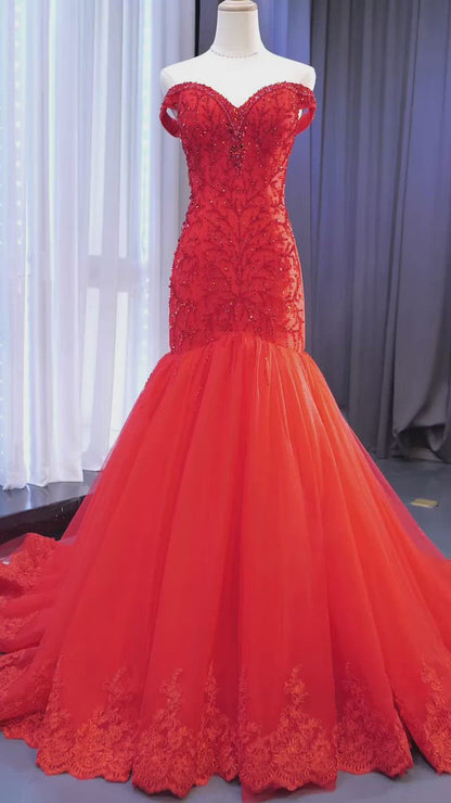 Robe de concours de sirène rouge à épaules dénudées, robes de mariée perlées 67150