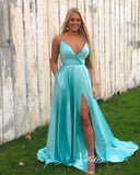 Aqua Satin Prom Dresses with Slit Spaghetti Strap Evening Dress FD3345