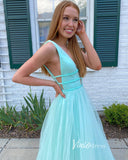 Aqua Sparkly Tulle Prom Dresses Plunging V-Neck Evening Gown FD3346-prom dresses-Viniodress-Viniodress