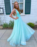 Aqua Sparkly Tulle Prom Dresses Plunging V-Neck Evening Gown FD3346