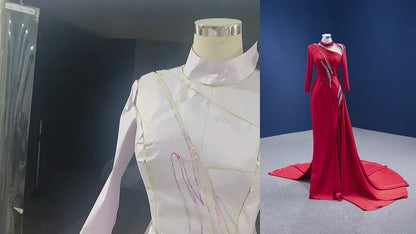 Long Sleeve Red Mermaid Pageant Dress Overskirt Formal Gown 67436