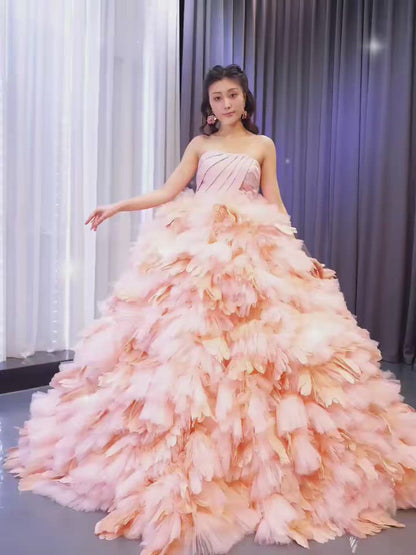 Blush Pink Ruffled Wedding Dress Vintage Strapless Ball Gown 67463