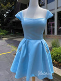 Baby Blue Hoco Dress Cap Sleeve Square Neck Graduation Dress with Pockets SD1468