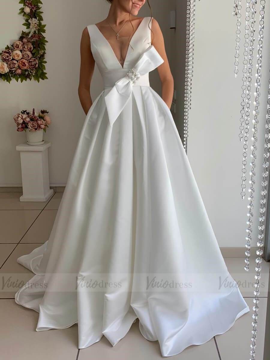 Backless V Neck Simple Satin Wedding Dresses with Pockets VW1351-wedding dresses-Viniodress-Viniodress