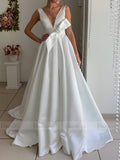 Backless V Neck Simple Satin Wedding Dresses with Pockets VW1351-wedding dresses-Viniodress-Viniodress