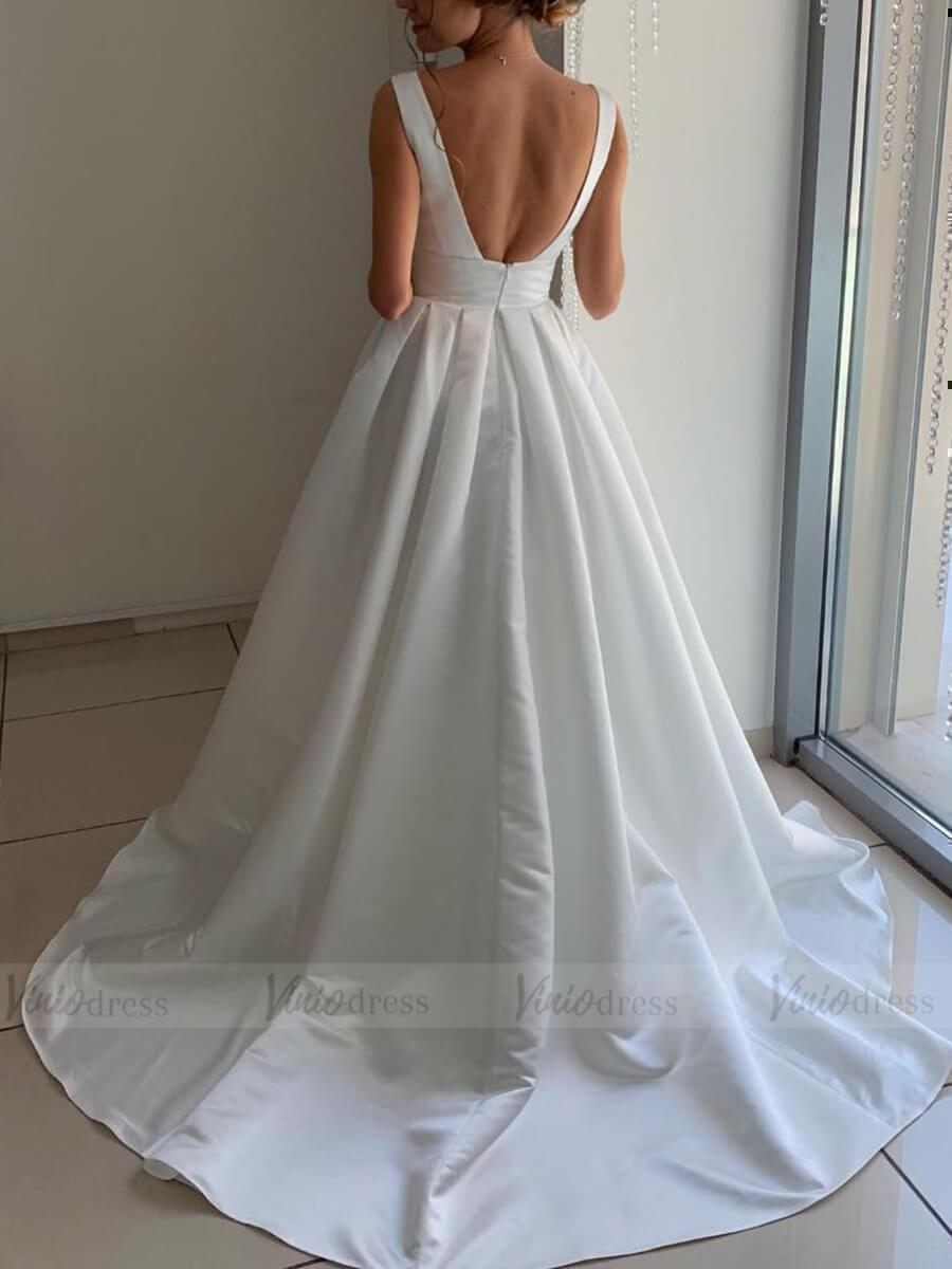 Backless V Neck Simple Satin Wedding Dresses with Pockets VW1351-wedding dresses-Viniodress-Viniodress