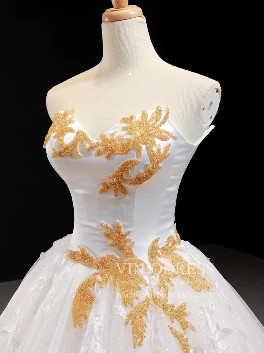 Ball Gown Strapless Wedding Dresses Gold Beaded Classy Wedding Gown VW1424-wedding dresses-Viniodress-Viniodress