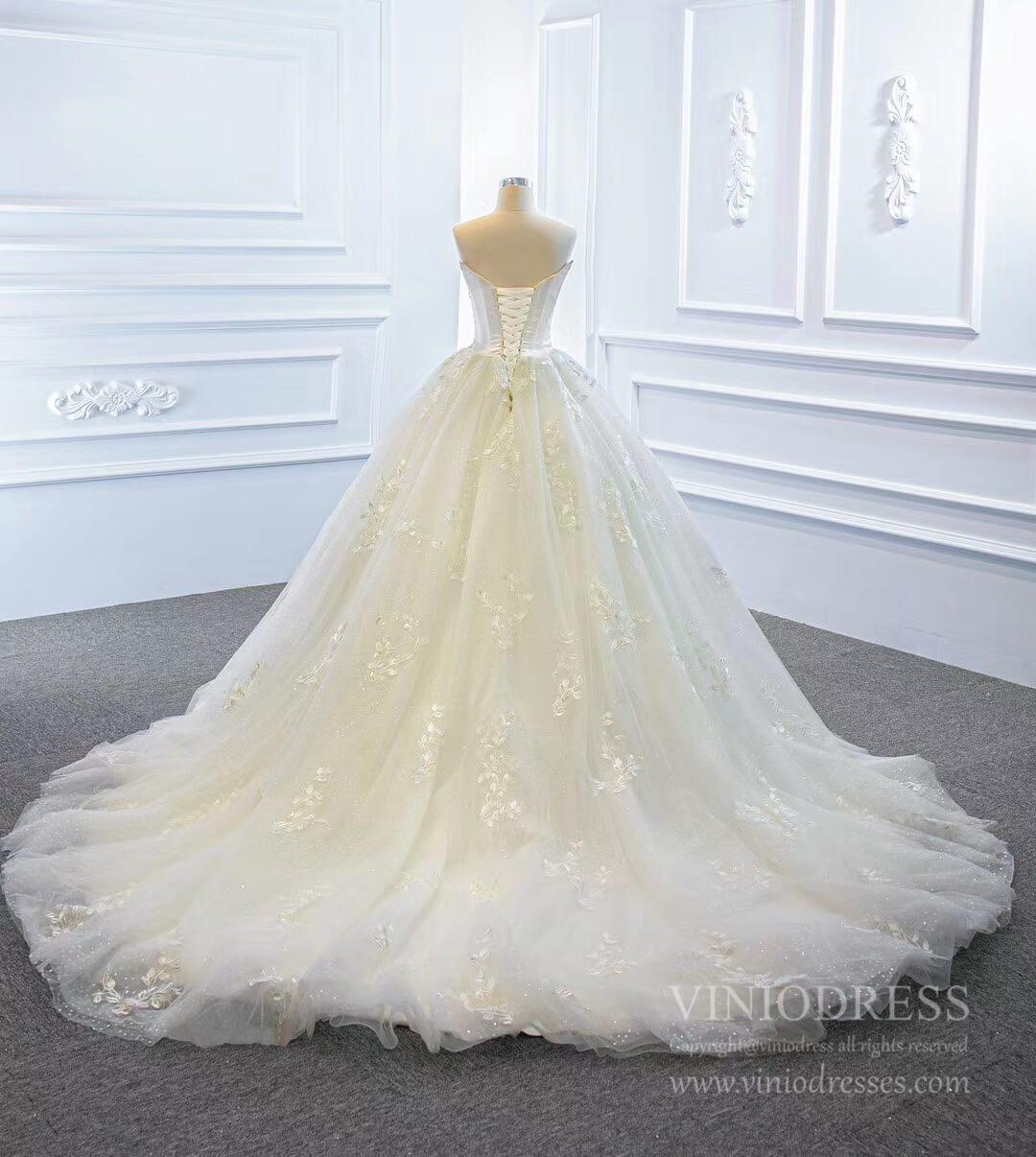 Ball Gown Strapless Wedding Dresses Gold Beaded Classy Wedding Gown VW1424-wedding dresses-Viniodress-Viniodress