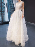 Beaded A-line Feather Wedding Dresses Low Back Corset Bridal Dress VW1425-wedding dresses-Viniodress-Viniodress