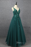 Beaded A-line Green Prom Dresses V-neck Evening Dress Spaghetti Strap 20064-prom dresses-Viniodress-Viniodress