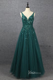 Beaded A-line Green Prom Dresses V-neck Evening Dress Spaghetti Strap 20064