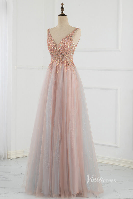 Beaded A-line Tulle Prom Dress V-neck Evening Dress FD2803-prom dresses-Viniodress-Viniodress