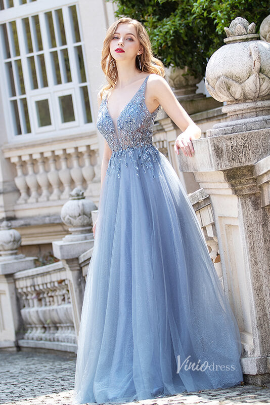 Beaded A-line Tulle Prom Dress V-neck Evening Dress FD2803-prom dresses-Viniodress-Viniodress