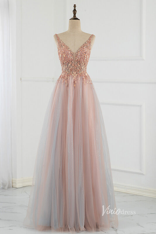 Beaded A-line Tulle Prom Dress V-neck Evening Dress FD2803-prom dresses-Viniodress-Blush Pink-US 2-Viniodress