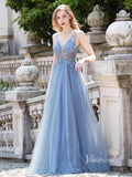 Beaded A-line Tulle Prom Dress V-neck Evening Dress FD2803-prom dresses-Viniodress-Dusty Blue-US 2-Viniodress