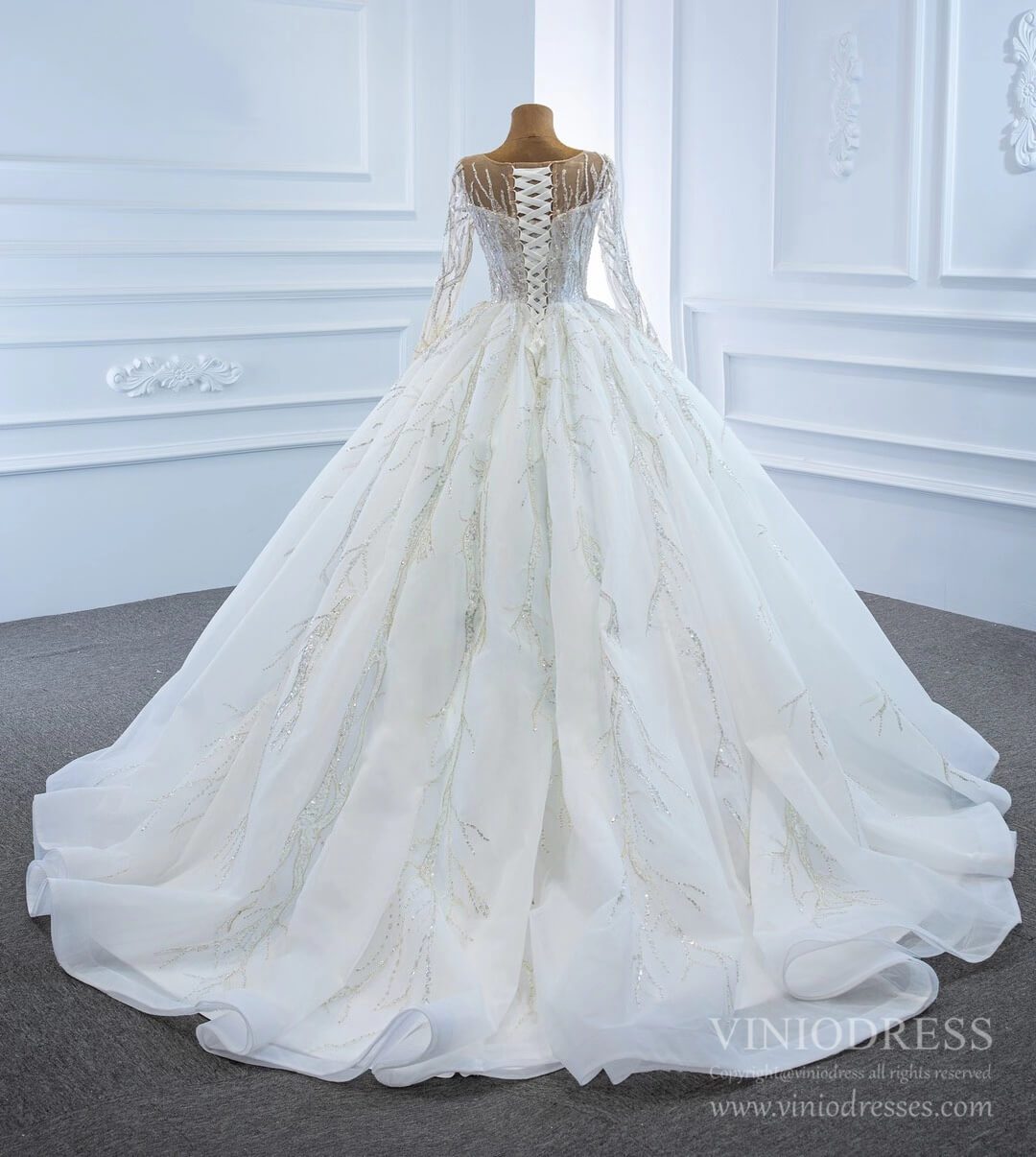Beaded Arabric Wedding Dresses Long Sleeve Ball Gown 67199-wedding dresses 2025 -Viniodress-Ivory-Custom Size-