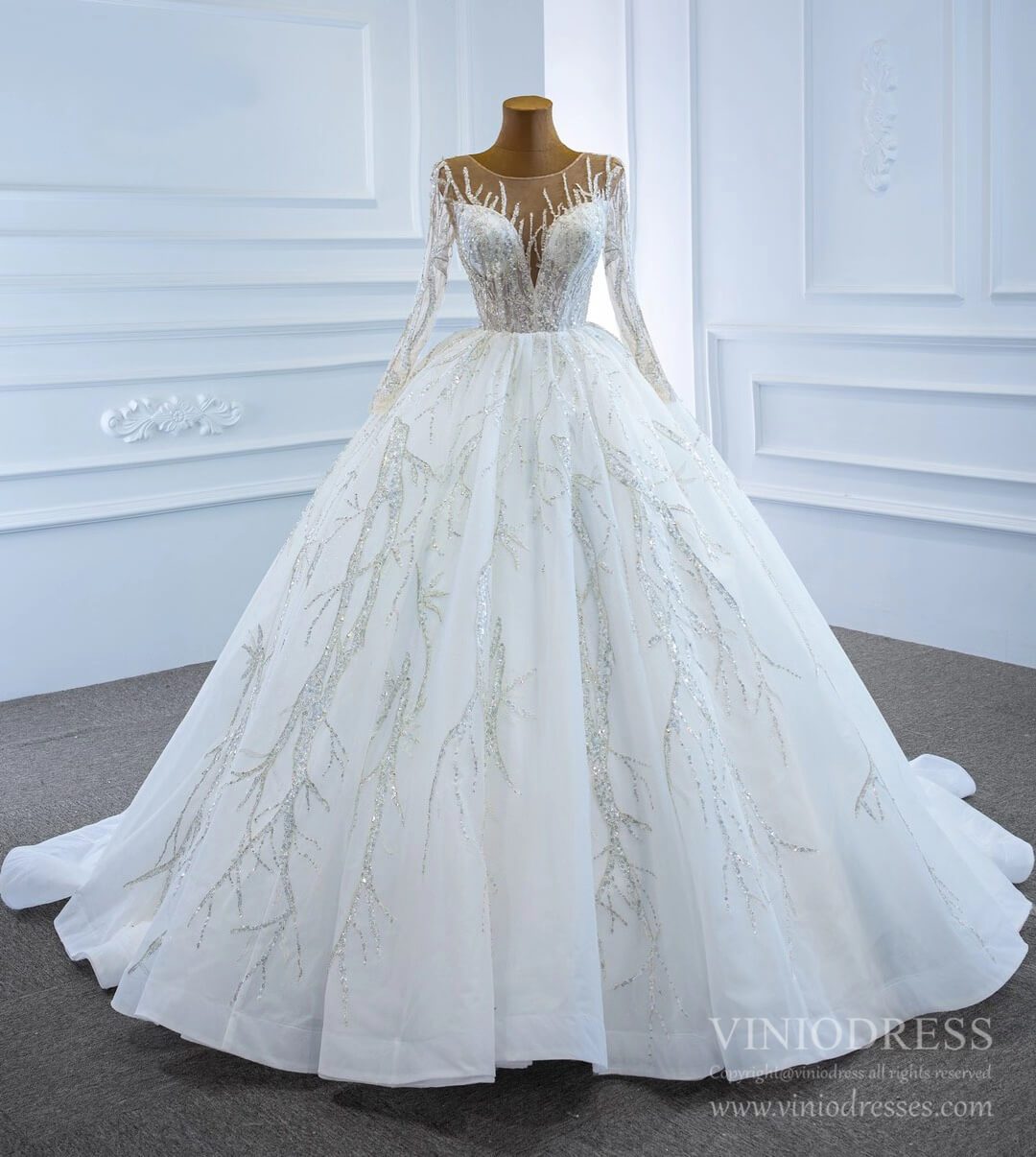 Beaded Arabric Wedding Dresses Long Sleeve Ball Gown 67199-wedding dresses 2025 -Viniodress-Ivory-Custom Size-