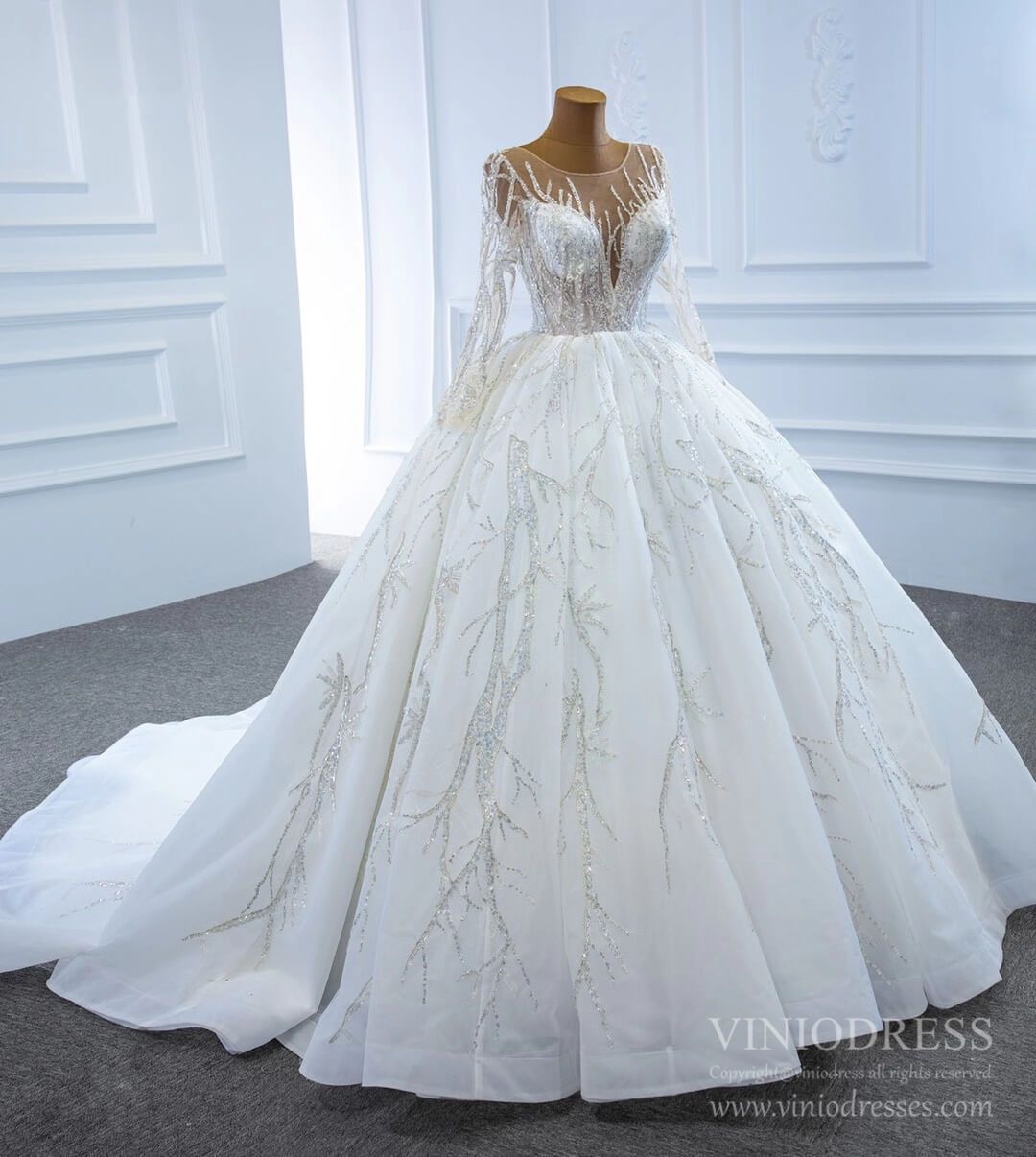 Beaded Arabric Wedding Dresses Long Sleeve Ball Gown 67199-wedding dresses 2025 -Viniodress-Ivory-Custom Size-