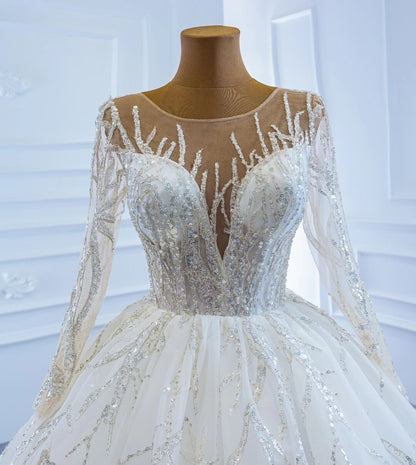 Beaded Arabric Wedding Dresses Long Sleeve Ball Gown 67199-wedding dresses 2025 -Viniodress-Ivory-Custom Size-