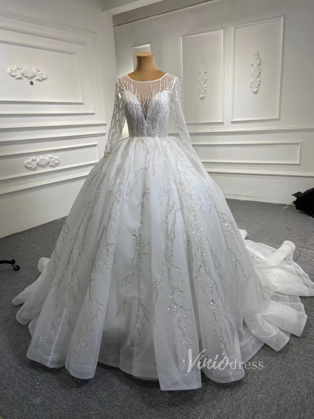 Beaded Arabric Wedding Dresses Long Sleeve Ball Gown 67199-wedding dresses 2025 -Viniodress-Ivory-Custom Size-