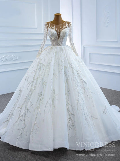 Beaded Arabric Wedding Dresses Long Sleeve Ball Gown 67199-wedding dresses 2025 -Viniodress-Ivory-Custom Size-