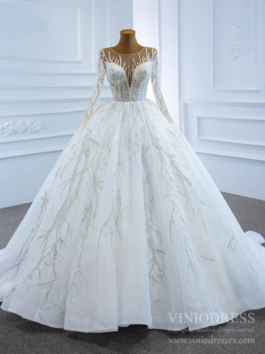 Beaded Arabric Wedding Dresses Long Sleeve Ball Gown 67199-wedding dresses 2025 -Viniodress-Ivory-Custom Size-