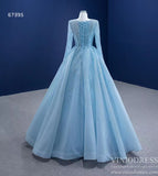 Beaded Baby Blue A-line Prom Dresses with Sleeves 67395 viniodress-prom dresses-Viniodress-Viniodress