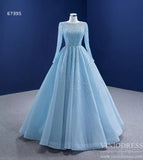 Beaded Baby Blue A-line Prom Dresses with Sleeves 67395 viniodress