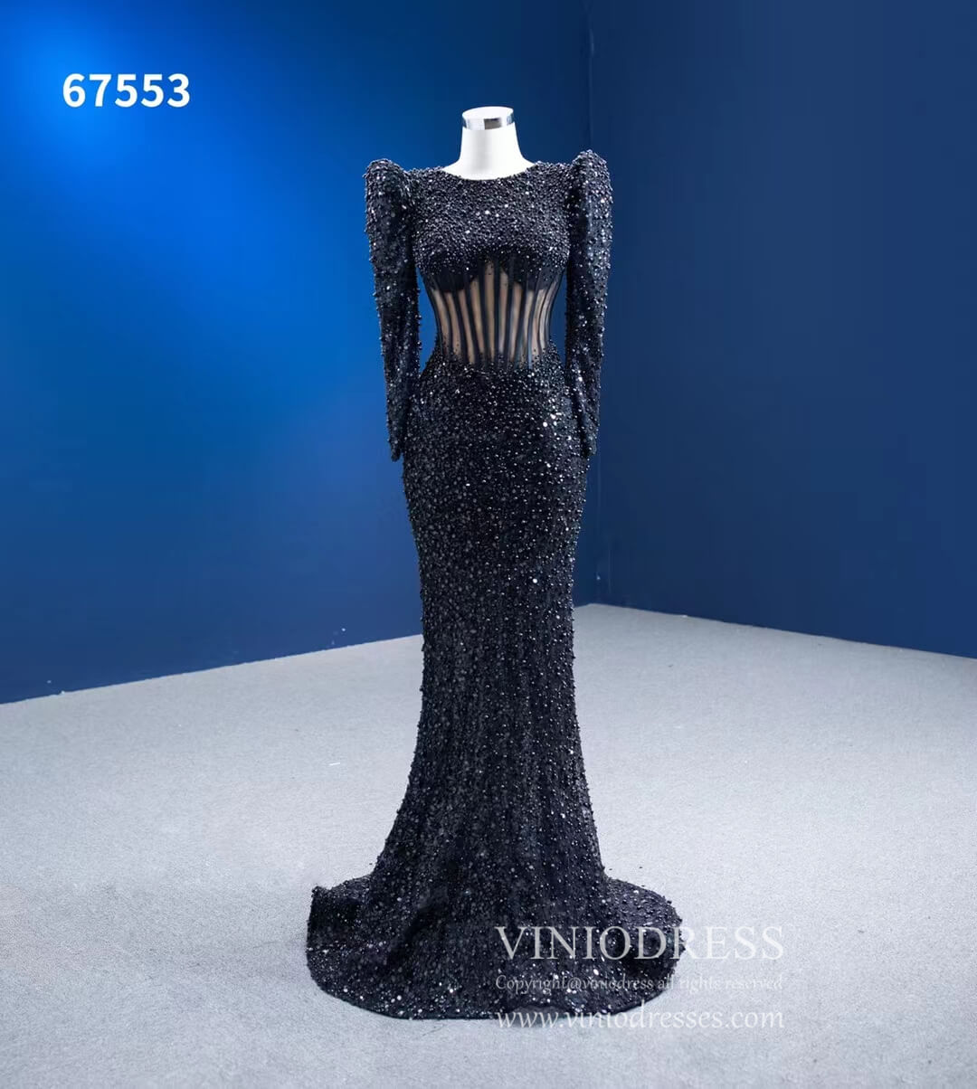 Beaded Black Mermaid Formal Evening Dresses Long Sleeve Pageant Gowns 67553-prom dresses-Viniodress-Viniodress
