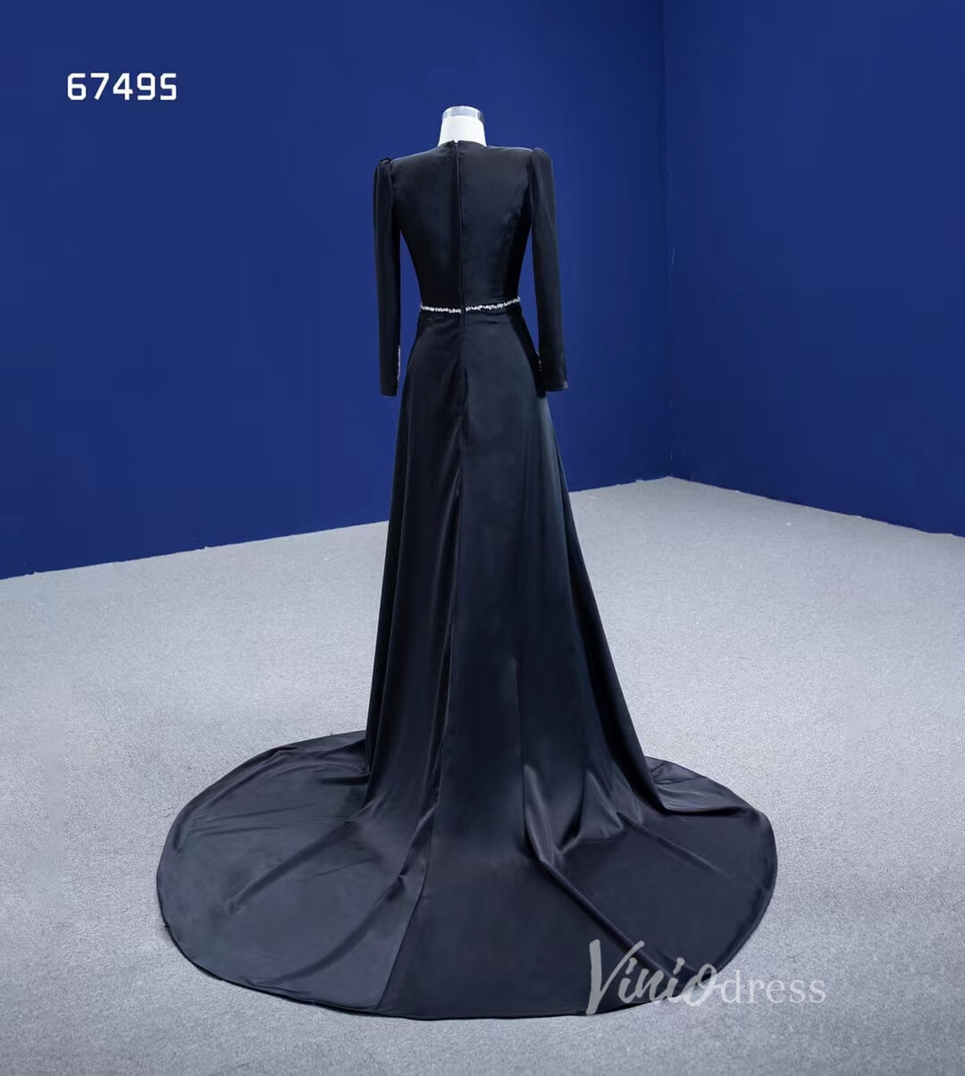 Beaded Black Satin Sheath Formal Dress with Long Sleeve 67495-prom dresses-Viniodress-Viniodress