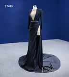 Beaded Black Satin Sheath Formal Dress with Long Sleeve 67495-prom dresses-Viniodress-Viniodress