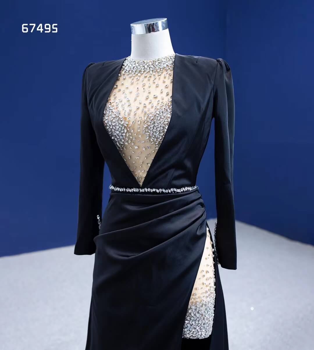 Beaded Black Satin Sheath Formal Dress with Long Sleeve 67495-prom dresses-Viniodress-Viniodress