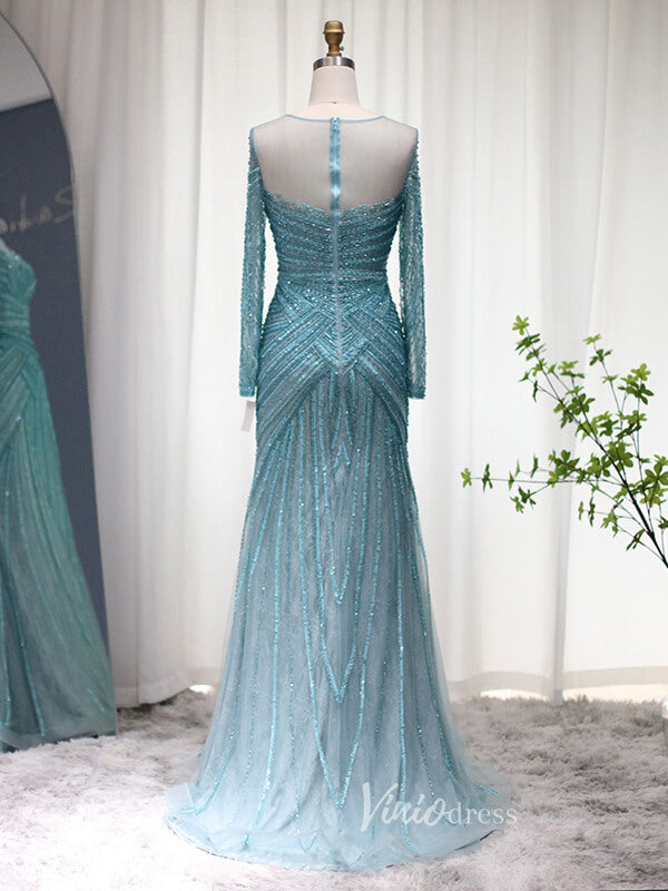 Beaded Blue Shimmer Prom Dresses Long Sleeve 1920s Evening Dress 20077-prom dresses-Viniodress-Viniodress