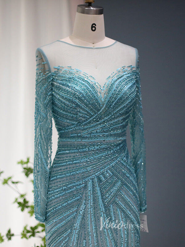 Beaded Blue Shimmer Prom Dresses Long Sleeve 1920s Evening Dress 20077-prom dresses-Viniodress-Viniodress