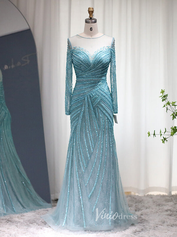 Beaded Blue Shimmer Prom Dresses Long Sleeve 1920s Evening Dress 20077-prom dresses-Viniodress-Blue-US 2-Viniodress
