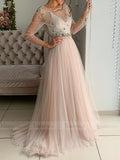 Beaded Blush Pink Beach Wedding Dresses with Long Sleeves VW1345