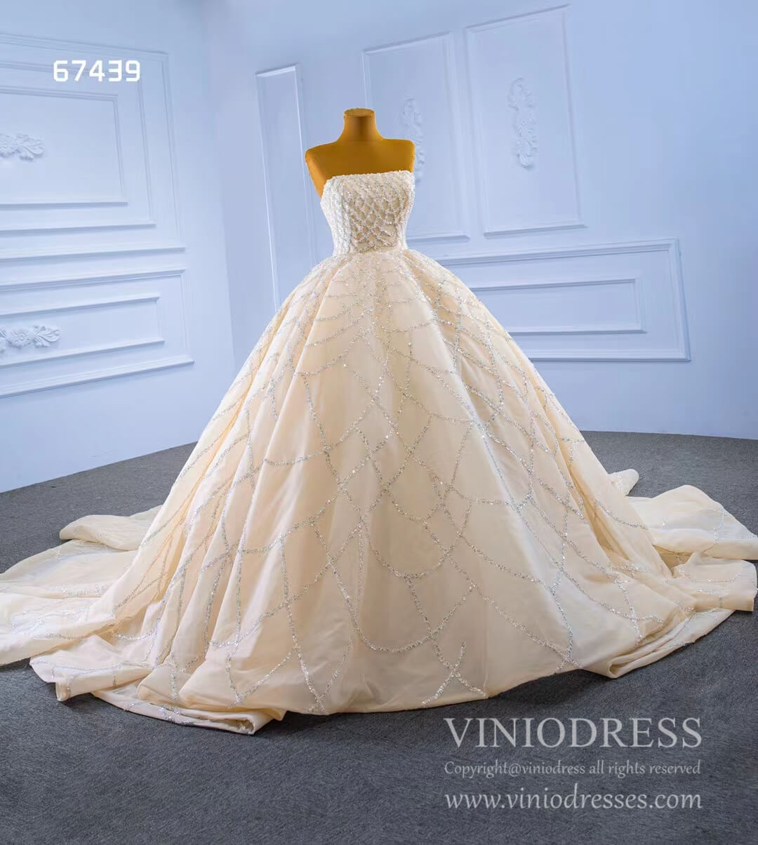 Beaded Champagne Ball Gown Wedding Dress Strapless 67439-wedding dresses-Viniodress-Viniodress