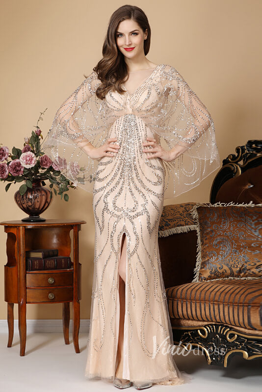 Beaded Champagne Mermaid Prom Dresses Batwing Sleeve FD2469-prom dresses-Viniodress-Viniodress
