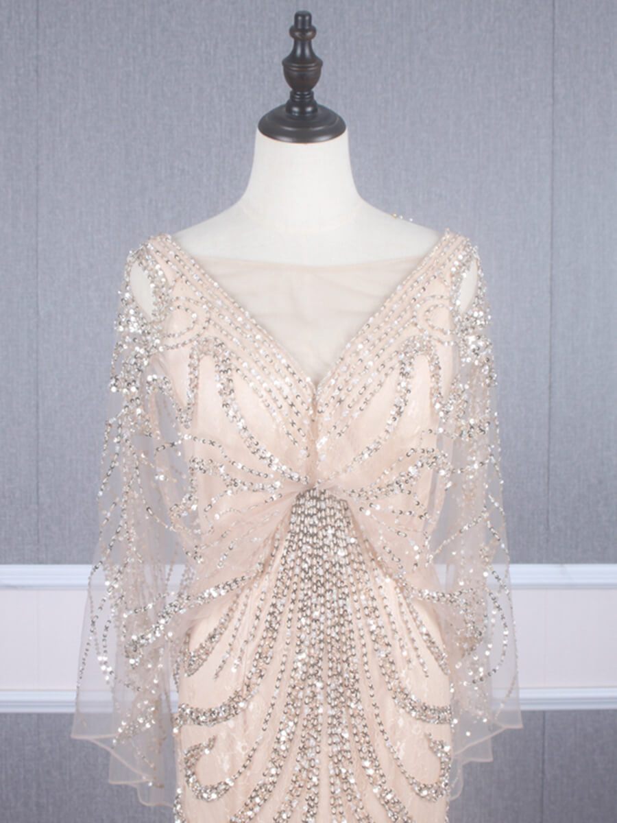 Beaded Champagne Mermaid Prom Dresses Batwing Sleeve FD2469-prom dresses-Viniodress-Viniodress