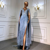 Beaded Dusty Blue Feather Evening Dress Removable CapeFD1425-prom dresses-Viniodress-Viniodress